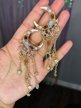 Gold Crescent Moon and Star Dangle Earrings with Amber and Opal Accents Boho